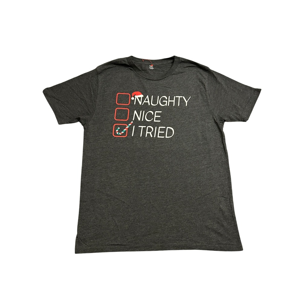 Holiday Time T-Shirt Mens M Grey Excellent Naughty Nice I Tried Christmas Tee